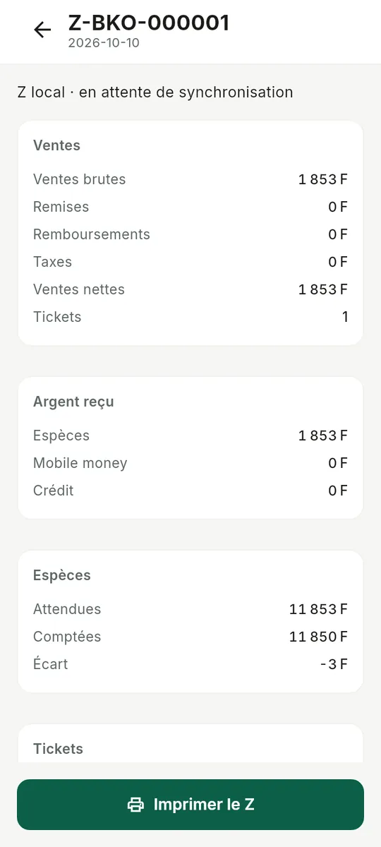Écran TigiPOS : ticket Z de clôture avec espèces attendues, comptées et écart
